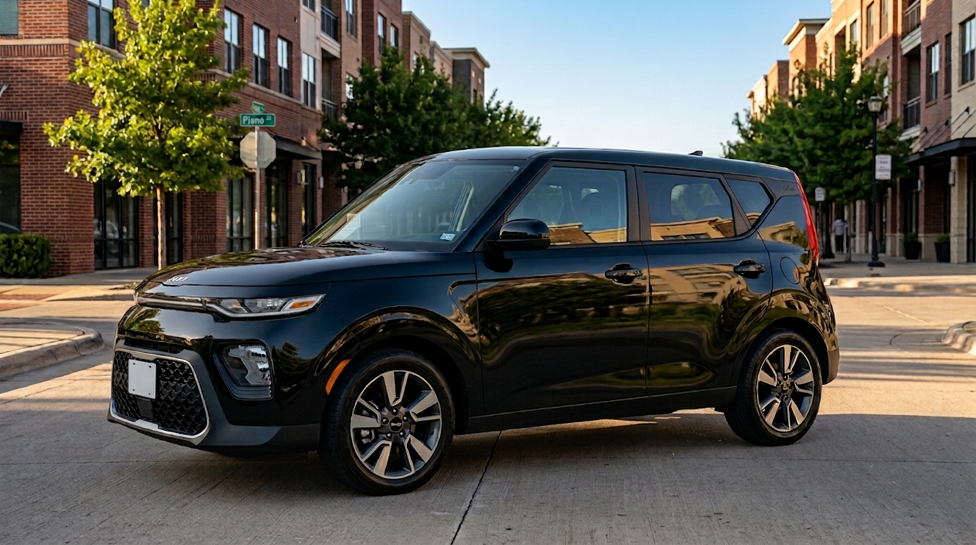 Black Kia Soul parked on a street in the Dallas area